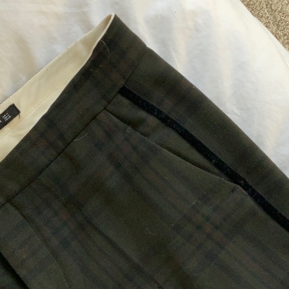 Zara Green Plaid Slacks With Velvet Trim